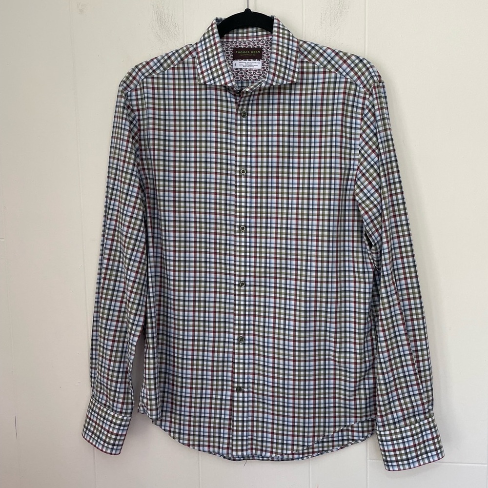 Thomas Dean Performance Button Up Shirt Long Sleeve Plaid Men’s Size S